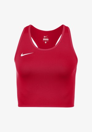 Rode sportbeha gemaakt van glad, rekbaar materiaal. Kenmerkt zich door een ronde halslijn, racerback ontwerp en een klein wit Nike-logo op de voorkant.