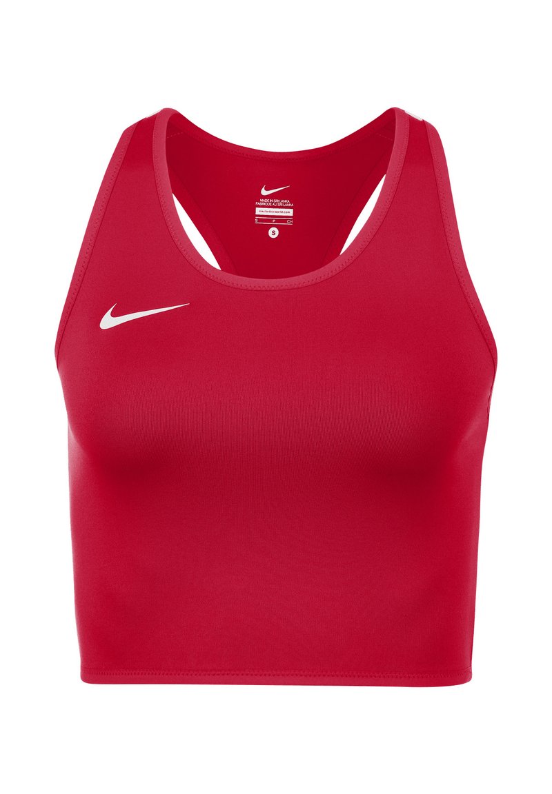 Bra sportivo rosso realizzato in tessuto liscio e elasticizzato. Presenta un collo rotondo, un design a schiena scoperta e un piccolo logo Nike bianco sul fronte.