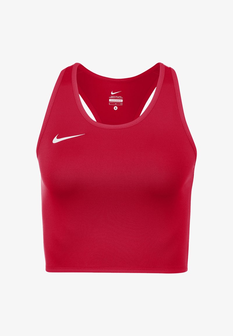 Rode sportbeha gemaakt van glad, rekbaar materiaal. Kenmerkt zich door een ronde halslijn, racerback ontwerp en een klein wit Nike-logo op de voorkant.