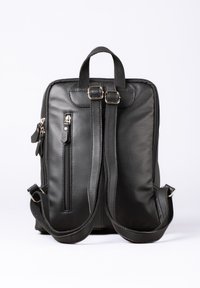 Black leather backpack with two adjustable straps, top handle, zippered pockets, and sleek design. Smooth texture with metallic hardware accents.