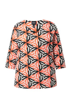 Top de manga larga para mujer con escote redondo, con un audaz patrón geométrico en naranja, negro y blanco.