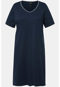 Námornícky modré šaty s krátkym rukávom a výstrihom do V, s bielym bodkovaným vzorom a kontrastným lemom okolo výstrihu. Mäkká textúra látky.
