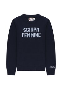 Maglione blu navy lavorato a maglia con collo rotondo, caratterizzato da testo bianco "SCIUPA FEMMINE" sulla parte anteriore e un piccolo logo ricamato sulla manica.