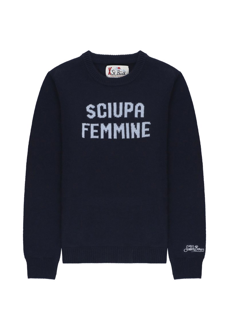 Maglione blu navy lavorato a maglia con collo rotondo, caratterizzato da testo bianco "SCIUPA FEMMINE" sulla parte anteriore e un piccolo logo ricamato sulla manica.