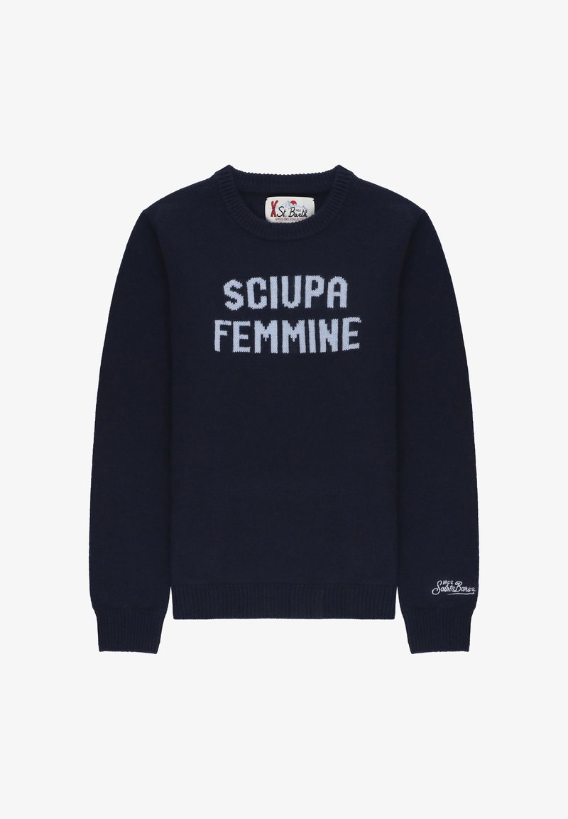 Maglione blu navy lavorato a maglia con collo rotondo, caratterizzato da testo bianco "SCIUPA FEMMINE" sulla parte anteriore e un piccolo logo ricamato sulla manica.