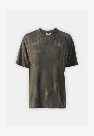 Olive green short-sleeve t-shirt with round neckline, featuring a dotted pattern throughout, made from a smooth, lightweight fabric.
