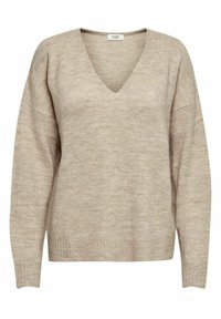 Beżowy sweter dzianinowy z dekoltem w kształcie V, obniżonymi ramionami i długimi rękawami. Strukturalny materiał i prążkowany dół dodają detali do luźnej sylwetki.