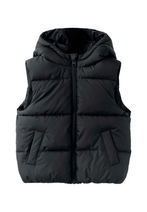 Veste matelassée noire sans manches avec fermeture éclair sur le devant, deux poches latérales et une capuche rembourrée conçue pour temps froid.