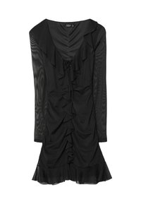 Černé šaty z hladkého materiálu s dlouhými průhlednými rukávy, výstřihem do V a volánkovými detaily na přední části a spodním lemu.
