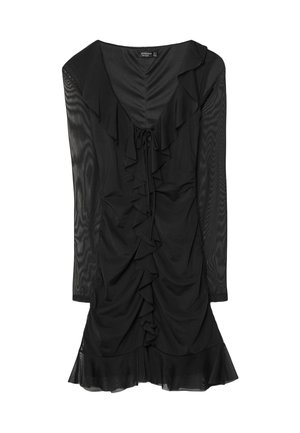 Zwarte jurk gemaakt van soepele stof met lange doorschijnende mouwen, v-hals en gerimpelde details langs de voorkant en onderrand.