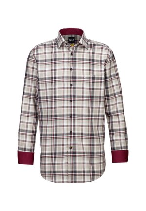 Camicia a maniche lunghe a quadri con tonalità di beige, bianco, bordeaux e nero; polsini a contrasto bordeaux e un logo ricamato.
