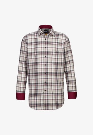 Camicia a maniche lunghe a quadri con tonalità di beige, bianco, bordeaux e nero; polsini a contrasto bordeaux e un logo ricamato.