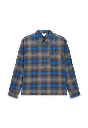 Langärmliges kariertes Hemd in Braun, Grau und Blau mit Button-Down-Kragen, Brusttasche und ausgefranstem Saum. Material aus Baumwollmischung.