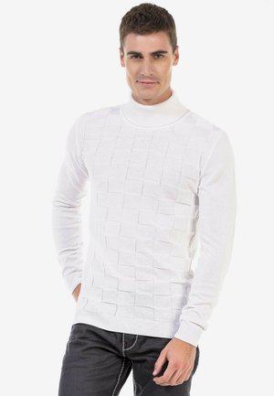 Weißer Strickpullover mit hohem Kragen und strukturiertem quadratischem Muster. Lange Ärmel und gerippte Bündchen runden das Design ab.