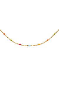 Collana in oro con perle rotonde multicolori in arancione, rosa, verde, blu e giallo, disposte uniformemente lungo tutta la lunghezza.