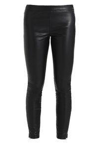Black leather pants with a slim fit, featuring a smooth texture, a high waist, and a zip detail at the ankles.