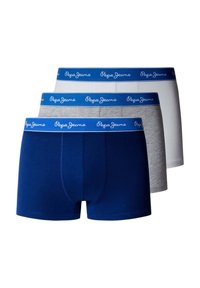 Trois paires de boxers pour hommes en bleu marine, gris et blanc. Chaque modèle présente une ceinture souple avec le logo "Pepe Jeans" en bleu.