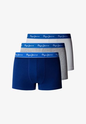 Tre par herreboxershorts i navyblå, grå og hvid. Hvert par har en blød linning med "Pepe Jeans"-logo i blå.