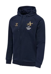 Marinblå zip-hoodie gjord av mjukt material. Har dragband, ribbade ärmslut och EHF Champions League-logotypen i guld på bröstet.