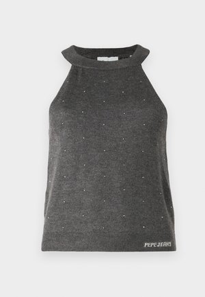 Pilkos spalvos be rankovių palaidinė su aukštu kaklu, dekoruota mažomis sidabro spalvos detalėmis, išsibarsčiusiomis visame paviršiuje, ir įribuotais kraštais su "Pepe Jeans" logotipu.