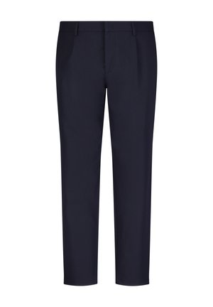 Navy blue tailored trousers made from smooth fabric, featuring a straight-leg design, front pleats, and belt loops; no visible pockets.