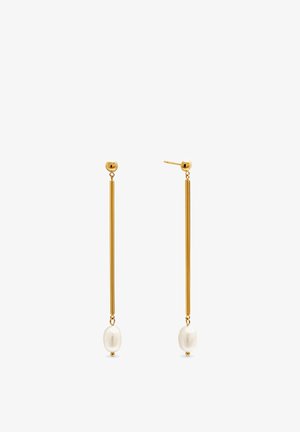 Naušnice u zlatnoj boji s izduženim šipkama i okruglim biserima na krajevima. Šipke su glatke, a biseri imaju sjajnu površinu.