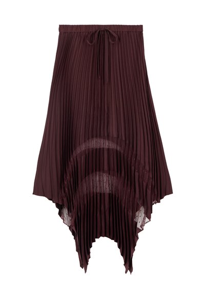 Falda midi plisada de color burdeos oscuro con dobladillo asimétrico y detalle de lazo en la cintura, con capas de paneles de tela transparente.
