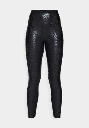 Zwarte leggings met een glanzende afwerking met een luipaardprint patroon. Hoge taille, aansluitende pasvorm en een gladde textuur.