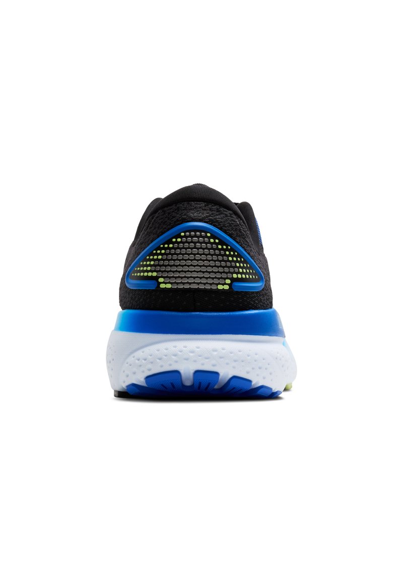 Schwarzer Sportschuh mit einer strukturierten Mesh-Oberfläche, blauen Akzenten und einer weißen Sohle mit strukturiertem Gripp-Muster. Dreieckiges Fersenelement mit reflektierenden Details.