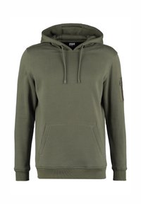 Felpa verde oliva con tasca a marsupio frontale, cappuccio con coulisse e tasca con zip sulla manica. Tessuto morbido, vestibilità rilassata.