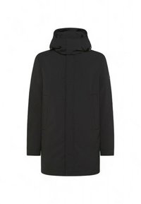 Parka nera con collo alto e cappuccio regolabile, dotata di tasche frontali e taglio dritto. Tessuto liscio e opaco.