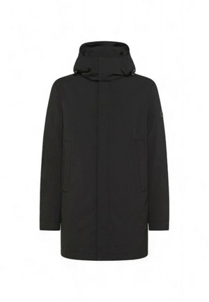 Parka noire avec un col remonté et une capuche ajustable, dotée de poches avant et d'une coupe droite. Texture de tissu lisse et mate.