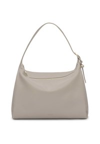 Beige leather hobo bag with a single shoulder strap, a smooth finish, and a gold-tone zipper detail on the front pocket with logo.