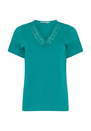Kortærmet trøje i blågrøn med V-udskæring og blonder med diamantmønster, lavet af blødt, let stof.