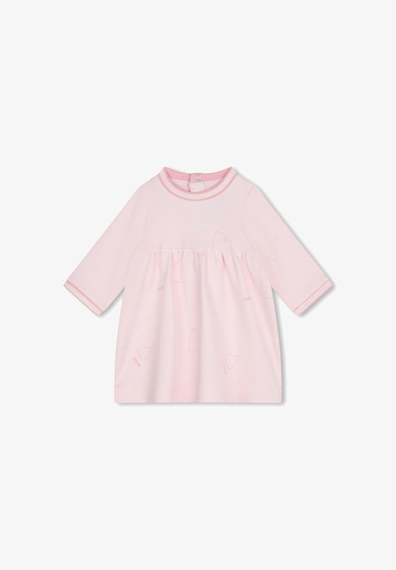 Robe en coton rose clair avec des manches longues, un col rond et une taille froncée. Motif floral léger et poignets rayés contrastants.