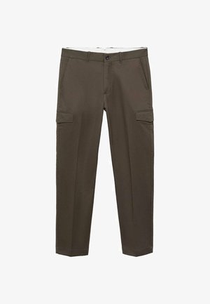 Pantalons cargo en vert olive foncé, avec une coupe droite, deux poches avant et une poche cargo sur le côté, à la texture de tissu lisse.