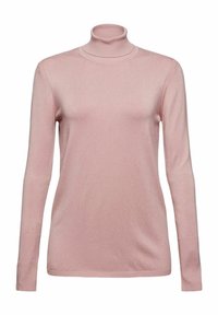 Jasnoróżowy sweter z golfem wykonany z miękkiego materiału; posiada długie rękawy i prążkowane wykończenia przy kołnierzu i mankietach.