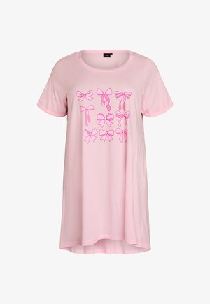 Hellrosa kurzärmeliges Kleid mit neun verschiedenen rosa Schleifenillustrationen, die auf der Vorderseite in einem 3x3-Raster angeordnet sind.