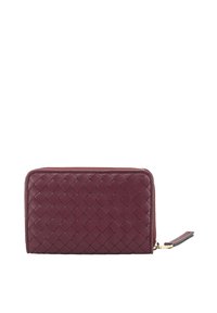 Burgundy leather wallet featuring a woven pattern, a zip closure, and a wrist strap. Smooth texture with gold-tone hardware accents.
