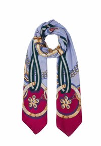 Foulard di seta con uno sfondo azzurro chiaro decorato da motivi di catena dorata e floreali, accentuato da sezioni verde scuro e borgogna.