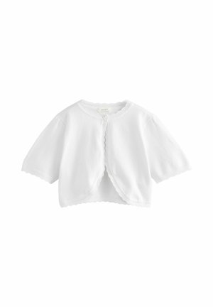 Hvid kort cardigan med korte ærmer, en enkelt knap foran og bølgede kanter på kraven, foran og ved manchetterne.