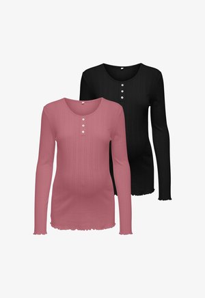 Długie rękawy w różowym i czarnym prążkowanym materiale, z okrągłym wycięciem i zapięciem na trzy guziki, z falbaniastymi detalami u dołu.