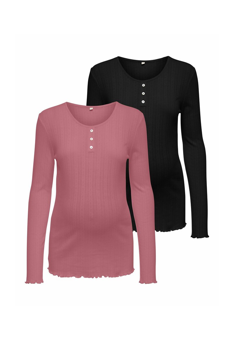 Pitkähihaiset paidat vaaleanpunaisesta ja mustasta ribbikankaasta, joissa on pyöreä pääntie ja kolme nappia, sekä aaltoilevat helma yksityiskohdat.