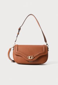 Brown leather shoulder bag with a wavy design, gold hardware, and a logo accent. Adjustable strap and smooth texture.