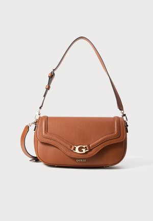 Brown leather shoulder bag with a wavy design, gold hardware, and a logo accent. Adjustable strap and smooth texture.
