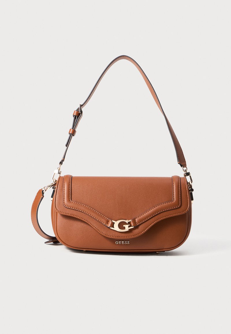 Brown leather shoulder bag with a wavy design, gold hardware, and a logo accent. Adjustable strap and smooth texture.