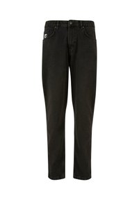 Juodos džinsinės kelnės su tiesia kojų forma, penkiomis kišenėmis ir lengvu blizgesiu. Pasižymi metaliniu mygtuko užsegimu ir subtiliu logotipu ant kišenės.