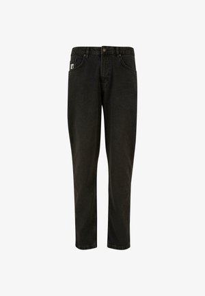 Fekete farmernadrág egyenes szabással, öt zsebbel és enyhe fényével. Fém gombos záródással és diszkrét logóval a zsebében.