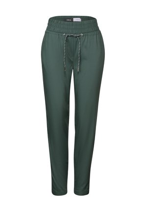 Green tapered pants with an elastic waistband, adjustable drawstring, and smooth texture. No visible patterns or accents.