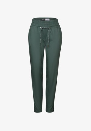 Zelené tapered kalhoty s elastickým pasem, nastavitelnou šňůrkou a hladkým povrchem. Žádné viditelné vzory nebo akcenty.